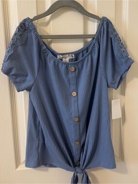 Knitworks Blue Button-Front Tie Hem Top with Crochet Sleeves